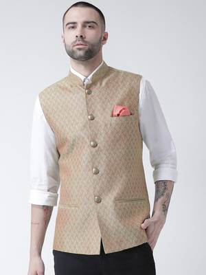 Pink printed blended cotton nehru-jacket 1