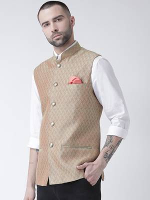 Pink printed blended cotton nehru-jacket 2