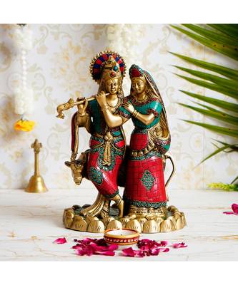 eCraftIndia Brass Radha Krishna Pair with Cow Handcrafted Figurine with Colorful Stone Work 1