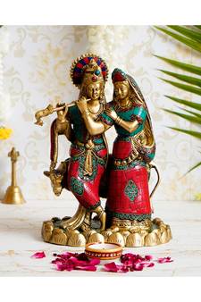 eCraftIndia Brass Radha Krishna Pair with Cow Handcrafted Figurine with Colorful Stone Work
