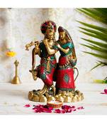 eCraftIndia Brass Radha Krishna Pair with Cow Handcrafted Figurine with Colorful Stone Work