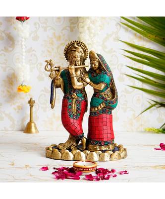 eCraftIndia Colorful Radha Krishna Handcrafted Brass Idol with Stone Work 1