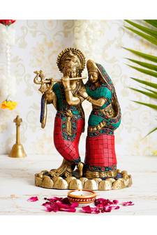 eCraftIndia Colorful Radha Krishna Handcrafted Brass Idol with Stone Work