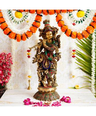eCraftIndia Colorful Lord Krishna Playing Flute Handcrafted Brass Idol with Stone Work - 25.59 Inch Height 1