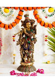 eCraftIndia Colorful Lord Krishna Playing Flute Handcrafted Brass Idol with Stone Work - 25.59 Inch Height