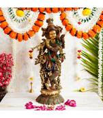 eCraftIndia Colorful Lord Krishna Playing Flute Handcrafted Brass Idol with Stone Work - 25.59 Inch Height