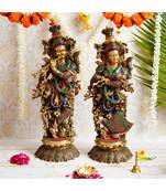eCraftIndia Colorful Radha Krishna Playing Flute Handcrafted Brass Idol with Stone Work - 25.59 Inch Height