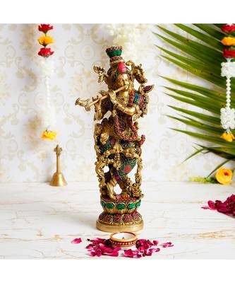 eCraftIndia Colorful Lord Krishna Playing Flute Handcrafted Brass Idol with Stone Work - 13.77 Inch Height 1