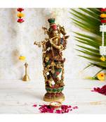 eCraftIndia Colorful Lord Krishna Playing Flute Handcrafted Brass Idol with Stone Work - 13.77 Inch Height