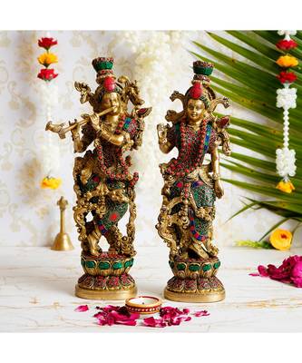 eCraftIndia Colorful Radha Krishna Playing Flute Handcrafted Brass Idol with Stone Work - 13.77 Inch Height 1