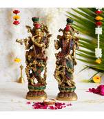eCraftIndia Colorful Radha Krishna Playing Flute Handcrafted Brass Idol with Stone Work - 13.77 Inch Height