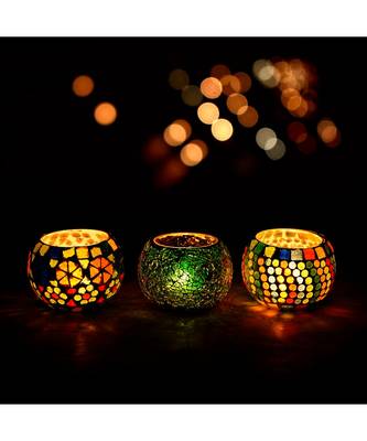 eCraftIndia Set of 3 Mosaic Glass Decorative Tea Light Holder/Diya 1