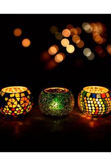 eCraftIndia Set of 3 Mosaic Glass Decorative Tea Light Holder/Diya