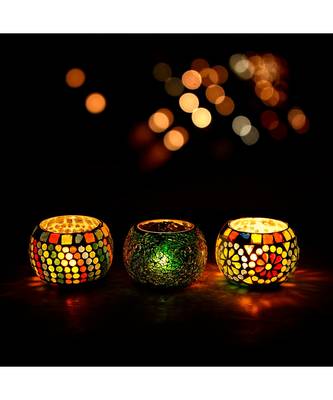 eCraftIndia Set of 3 Mosaic Glass Decorative Tea Light Holder/Diya 1