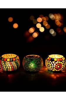 eCraftIndia Set of 3 Mosaic Glass Decorative Tea Light Holder/Diya
