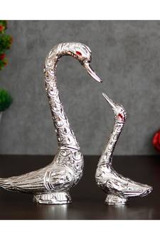 eCraftIndia Loving Silver Swan Couple Metal Handcrafted Decorative Figurine