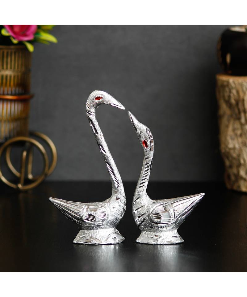 eCraftIndia Loving Silver Swan Couple Metal Handcrafted Decorative Figurine