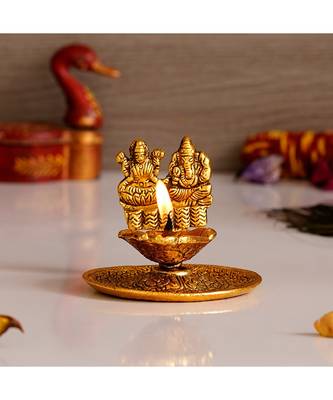 eCraftIndia Goddess Laxmi & Lord Ganesha Golden Metal Diya 1