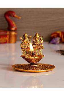eCraftIndia Goddess Laxmi & Lord Ganesha Golden Metal Diya