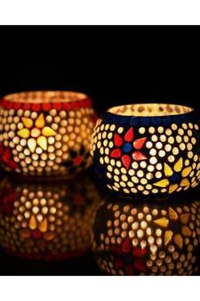 eCraftIndia Set of 2 Mosaic Glass Decorative Tea Light Holder