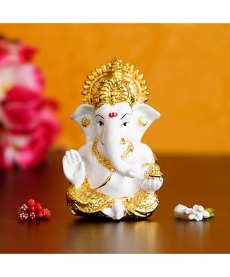 eCraftIndia Gold Plated White Siddhivinayak Ganesha Idol for Home/Temple/Office/Car Dashboard 1