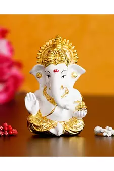 eCraftIndia Gold Plated White Siddhivinayak Ganesha Idol for Home/Temple/Office/Car Dashboard