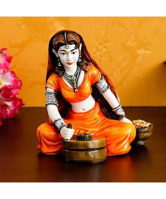 eCraftIndia Rajasthani Lady Using Traditional Flour Mill Handcrafted Decorative Polyresin Showpiece 1