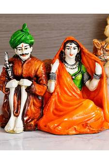 eCraftIndia Colorful Sitting Rajasthani Couple Handcrafted Decorative Polyresin Showpiece