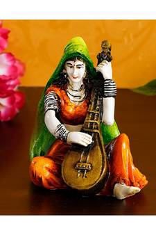 eCraftIndia Colorful Rajasthani Lady Playing Sitar Handcrafted Decorative Polyresin Showpiece