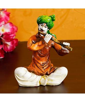 eCraftIndia Colorful Rajasthani Man Playing Flute Handcrafted Decorative Polyresin Showpiece 1