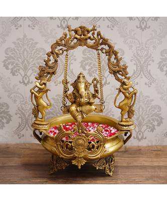 eCraftIndia Lord Ganesha on Swing Premium Decorative Handcrafted Brass Urli 1
