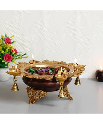 eCraftIndia Premium Handcrafted Brass Urli with 4 Diya Wicks and Bells 1