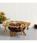 eCraftIndia Premium Handcrafted Brass Urli with 4 Diya Wicks and Bells