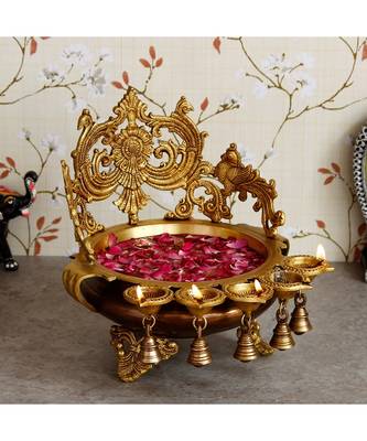 eCraftIndia Premium Golden Decorative Handcrafted Ethnic Brass Urli With Bells and 5 Diya's 1