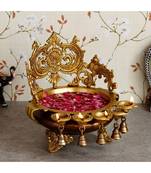 eCraftIndia Premium Golden Decorative Handcrafted Ethnic Brass Urli With Bells and 5 Diya's