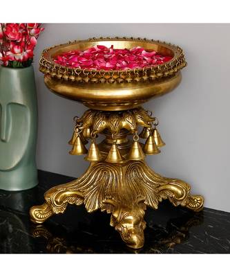 eCraftIndia Handcrafted Ethnic Carved Brass Decorative Urli With Bells and Stand 1