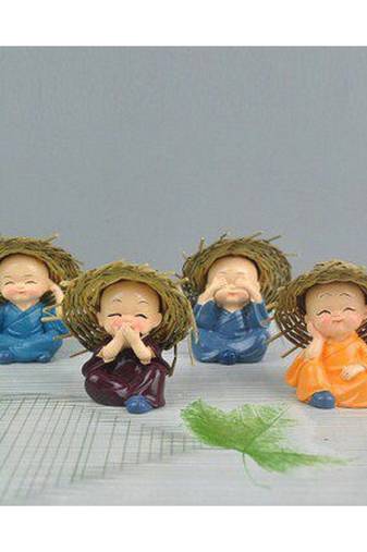 eCraftIndia Set of 4 Monks With Hat Polyresin Decorative Showpiece for Home and Car