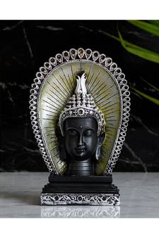eCraftIndia Elegant Silver & Black Lord Buddha Head With Back Cover Handcrafted Polyresin Figurine