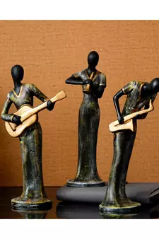 eCraftIndia Set of 3 Ladies Playing Musical Instruments Antique Finish Handcrafted Decorative Polyresin Showpiece