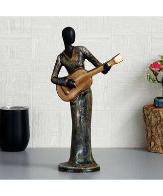 eCraftIndia Lady Playing Guitar Musical Instrument Antique Finish Handcrafted Decorative Polyresin Showpiece 1