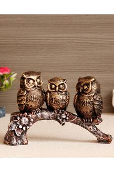eCraftIndia 3 Owl Sitting on Branch Antique Finish Handcrafted Polyresin Decorative Showpiece