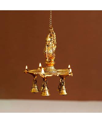 eCraftIndia Peacock Diya With Bell Metal Handcrafted Wall Hanging with Chain 1