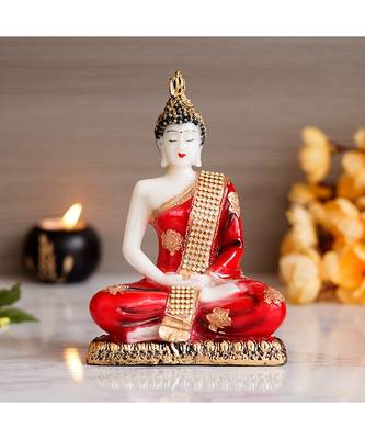 eCraftIndia White, Red & Golden Meditating Lord Buddha Handcrafted Polyresin Figurine 1