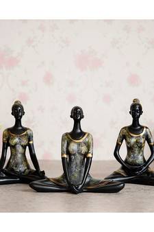 eCraftIndia Set of 3 Ladies in Yoga Pose Antique Finish Handcrafted Decorative Polyresin Showpiece