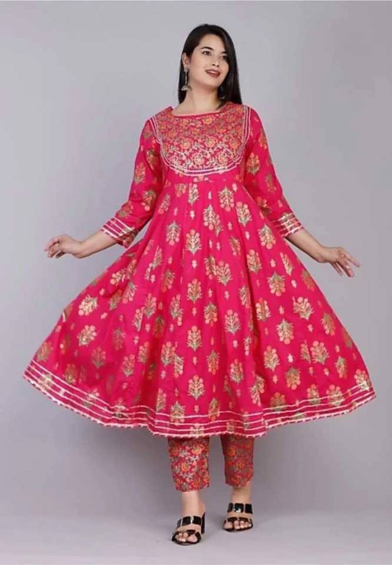 Women's Gold Printed Kurti Pant with dupatta set