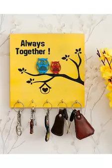 eCraftIndia Owls Sitting on Tree Theme "Always Together!" 5 Hooks Designer Wooden Key Holder