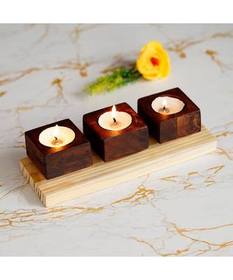 eCraftIndia Set of 3 Wooden Tea Light Candle Stand 1