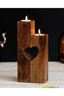 eCraftIndia Set of 2 Pillar Wooden Tea Light Candle Stand with Heart in Center