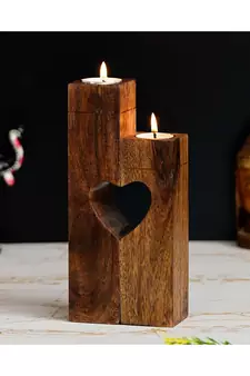eCraftIndia Set of 2 Pillar Wooden Tea Light Candle Stand with Heart in Center