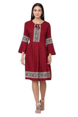 PAVONINE Maroon Color Rayon Fabric Printed Short Midi 1